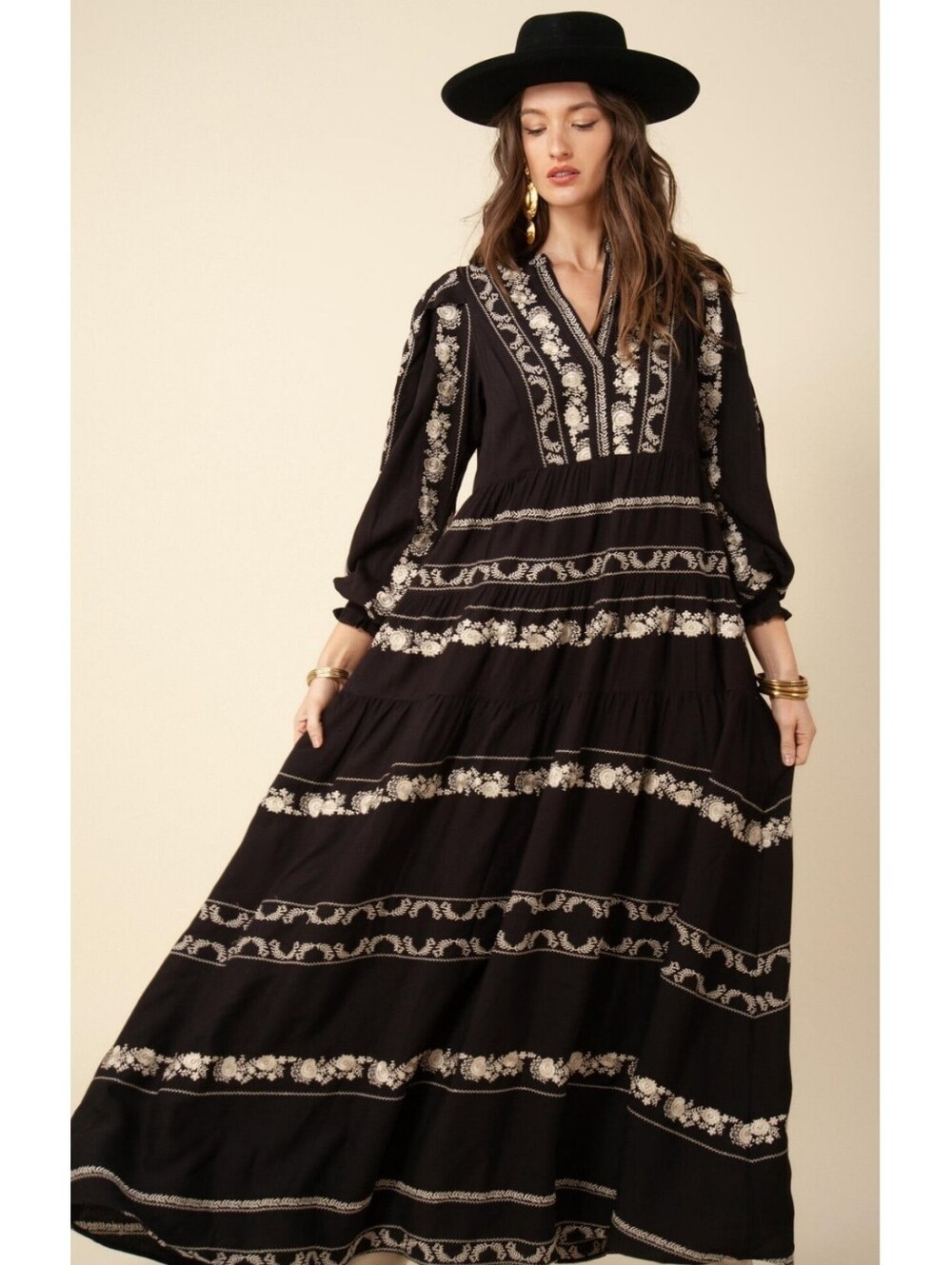 HALE BOB | Luna Embroidered Maxi Dress Black Cotton Long-Sleeve Large - Picture 2 of 6